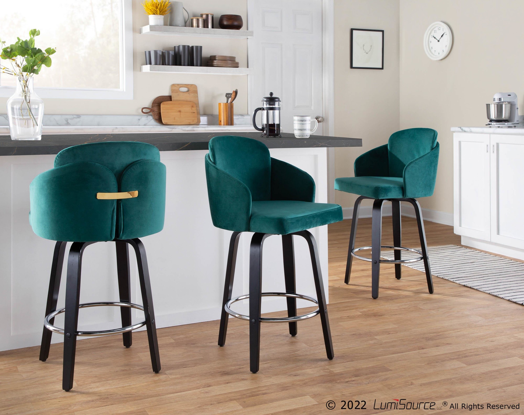 Dahlia Black Wood Green Velvet Contemporary Counter Stools (Set of 2) 1 Dahlia Black Wood Green Velvet Contemporary Counter Stools (Set of 2)