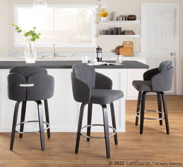 Dahlia Black Wood Grey Fabric Contemporary Counter Stools Set of 2