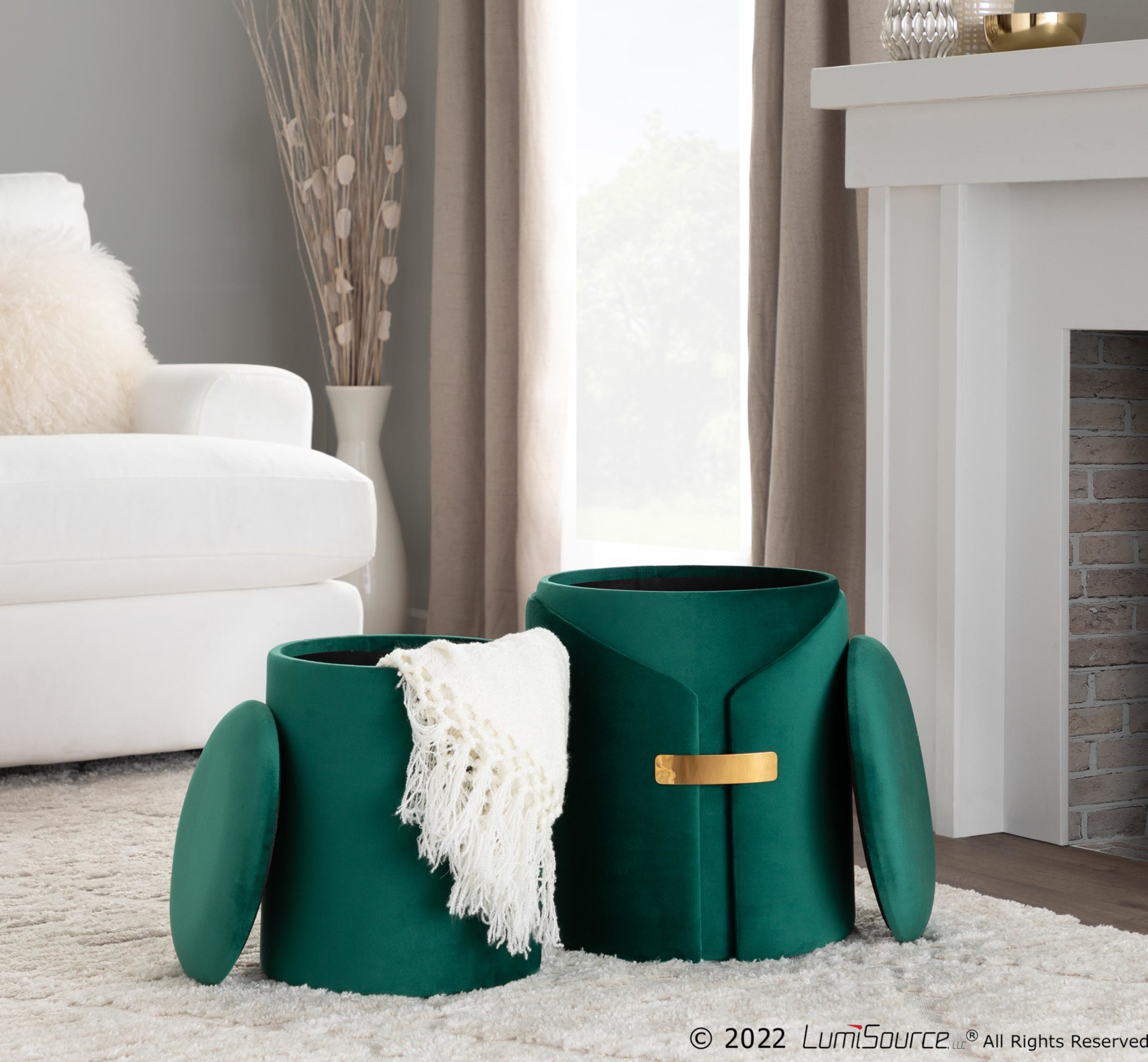 Dahlia Green Velvet Contemporary Nesting Ottomans with Gold 2 Dahlia Green Velvet Contemporary Nesting Ottomans with Gold - Image 2