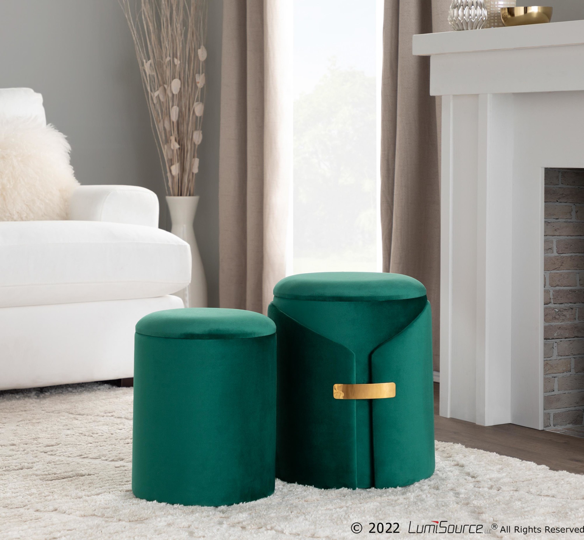 Dahlia Green Velvet Contemporary Nesting Ottomans with Gold 1 Dahlia Green Velvet Contemporary Nesting Ottomans with Gold