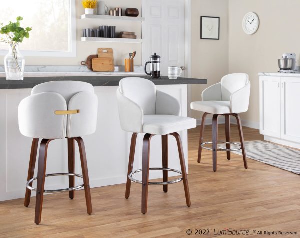 Dahlia Walnut Wood Cream Velvet Contemporary Counter Stools Set of 2 1