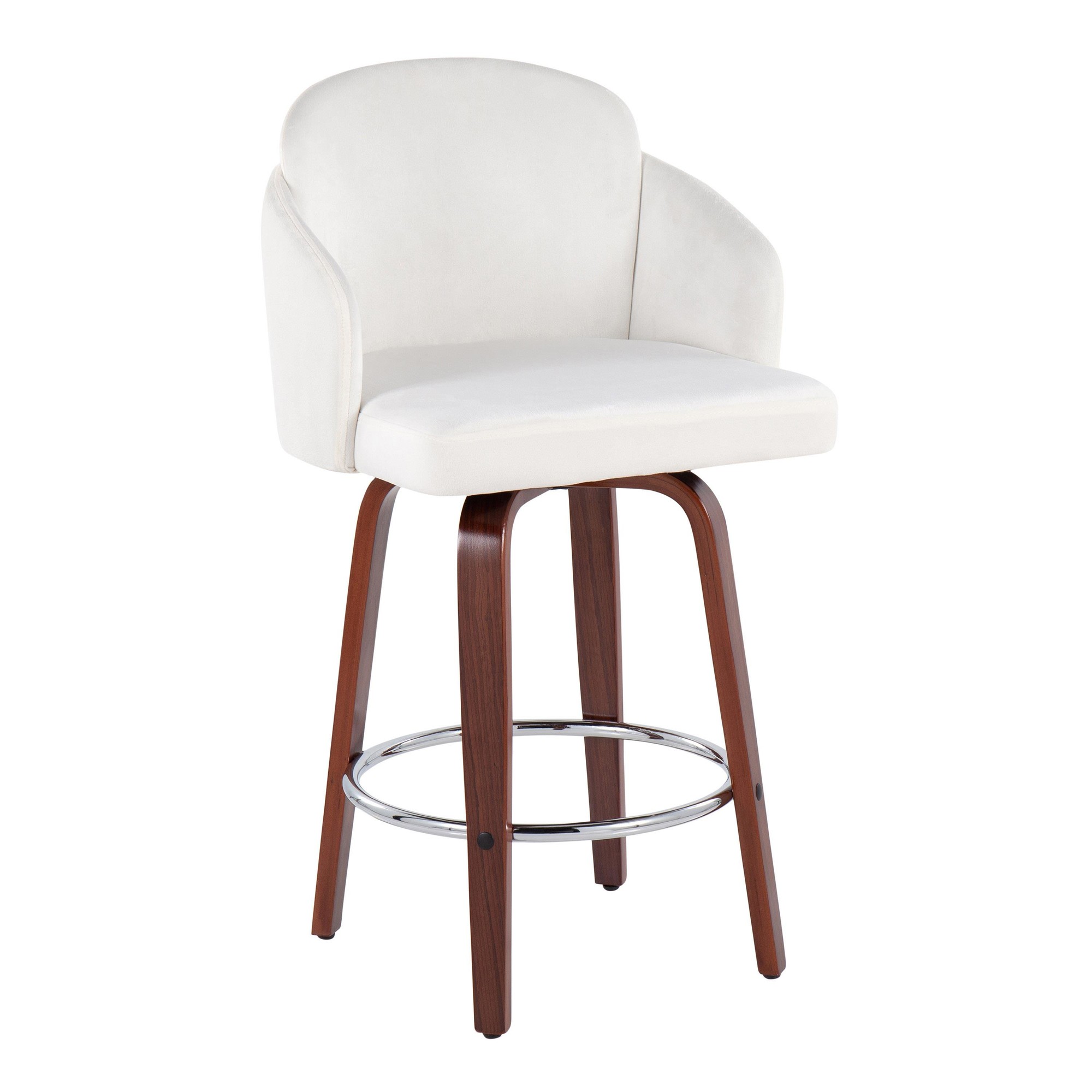 Dahlia Walnut Wood Cream Velvet Contemporary Counter Stools (Set of 2) 4 Dahlia Walnut Wood Cream Velvet Contemporary Counter Stools (Set of 2) - Image 4