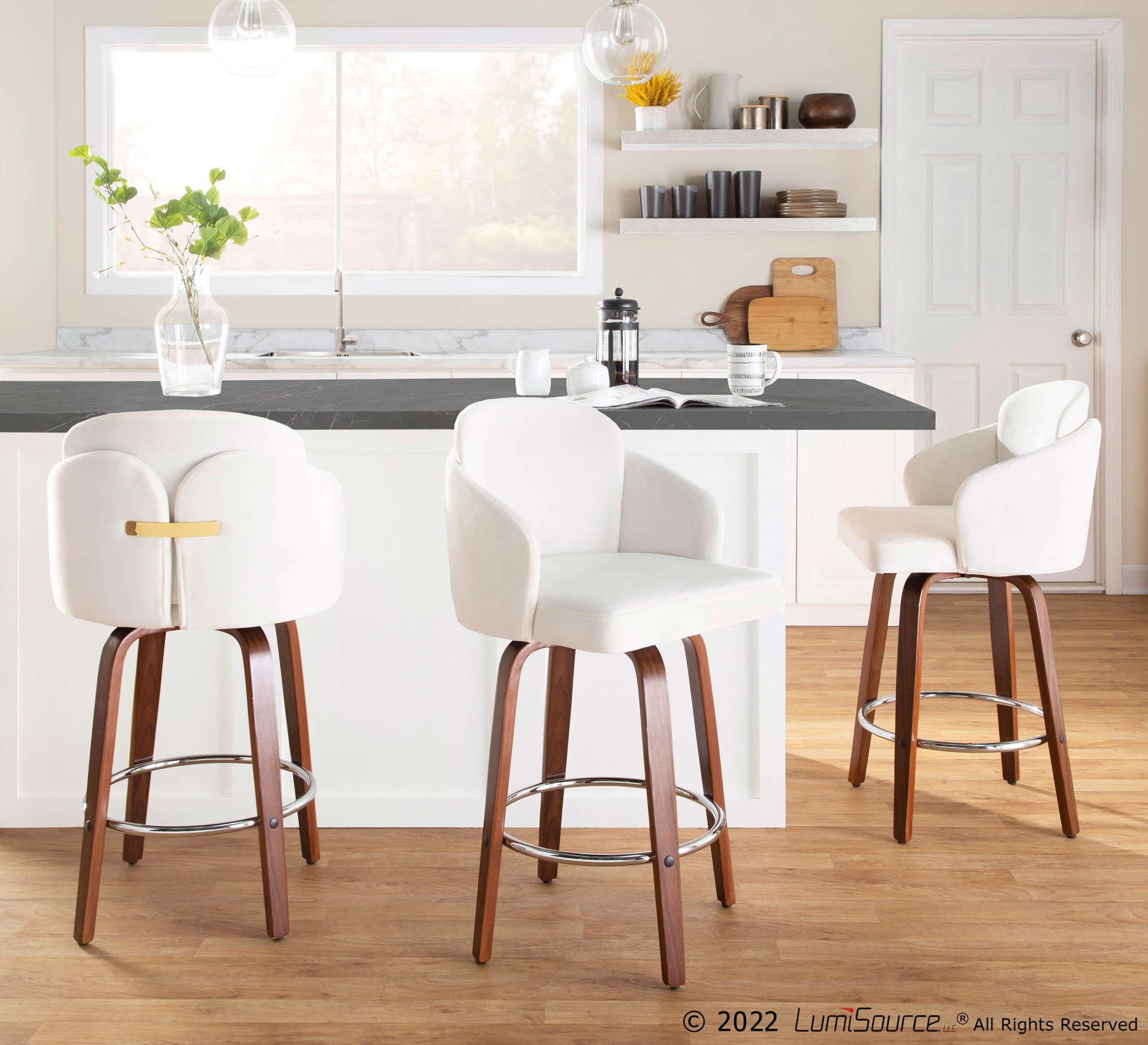 Dahlia Walnut Wood Cream Velvet Contemporary Counter Stools (Set of 2) 1 Dahlia Walnut Wood Cream Velvet Contemporary Counter Stools (Set of 2)
