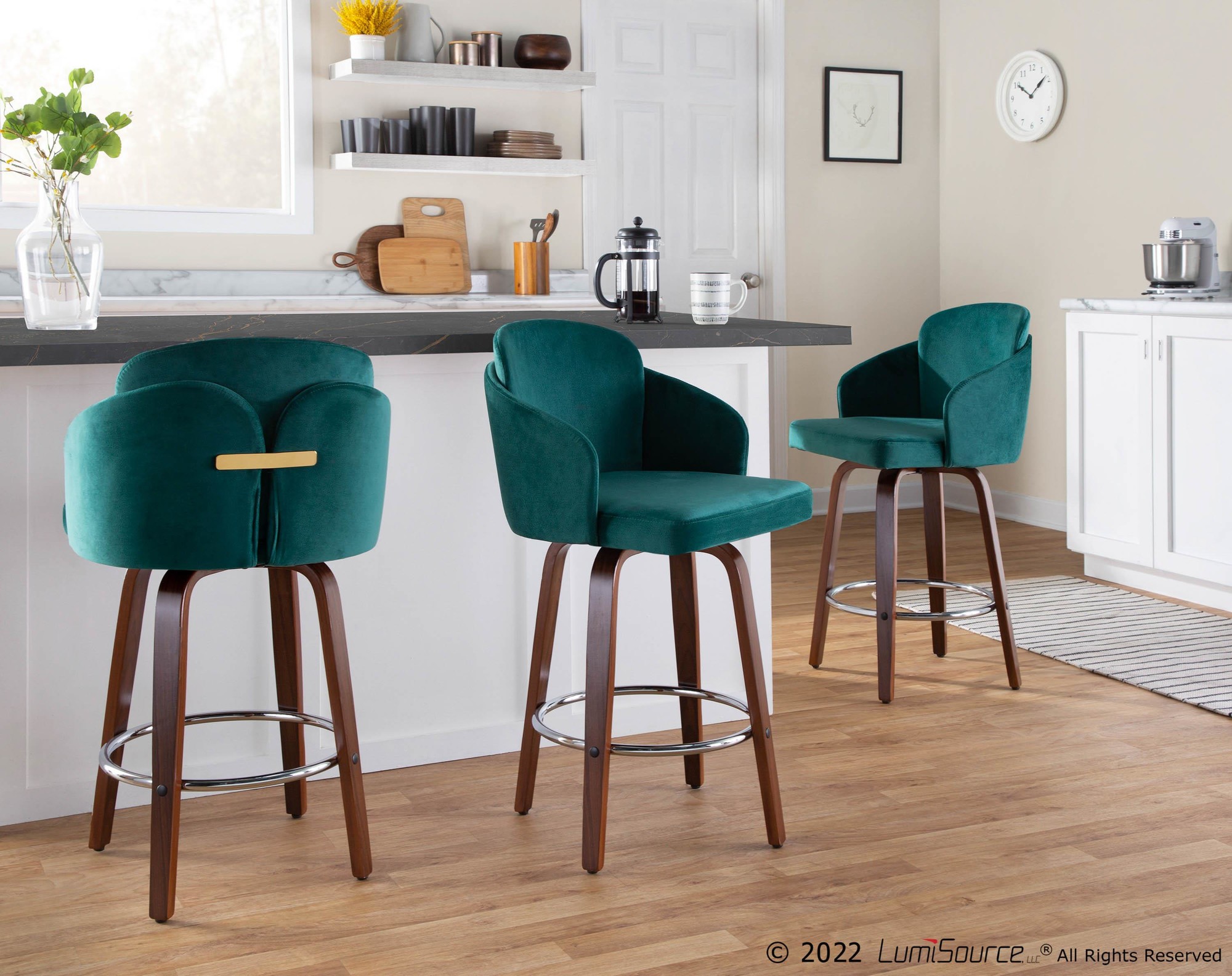Dahlia Walnut and Green Velvet Contemporary Counter Stools (Set of 2) 2 Dahlia Walnut and Green Velvet Contemporary Counter Stools (Set of 2) - Image 2