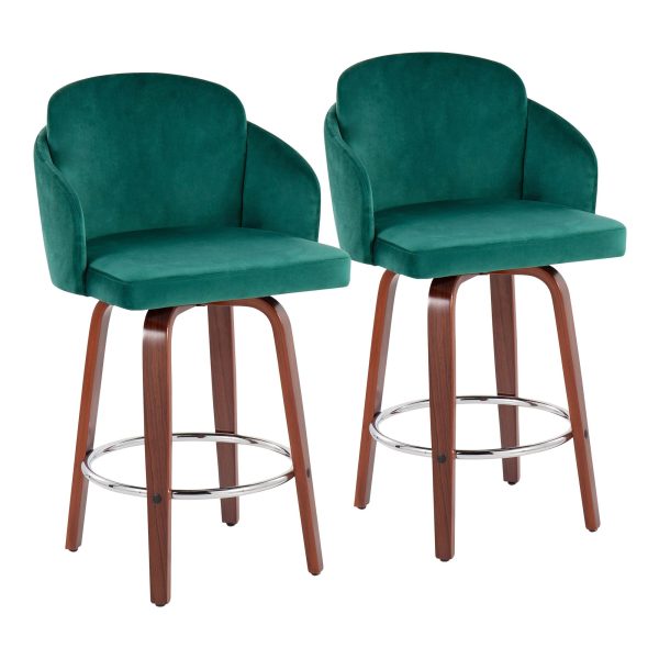 Dahlia Walnut and Green Velvet Contemporary Counter Stools Set of 2 2