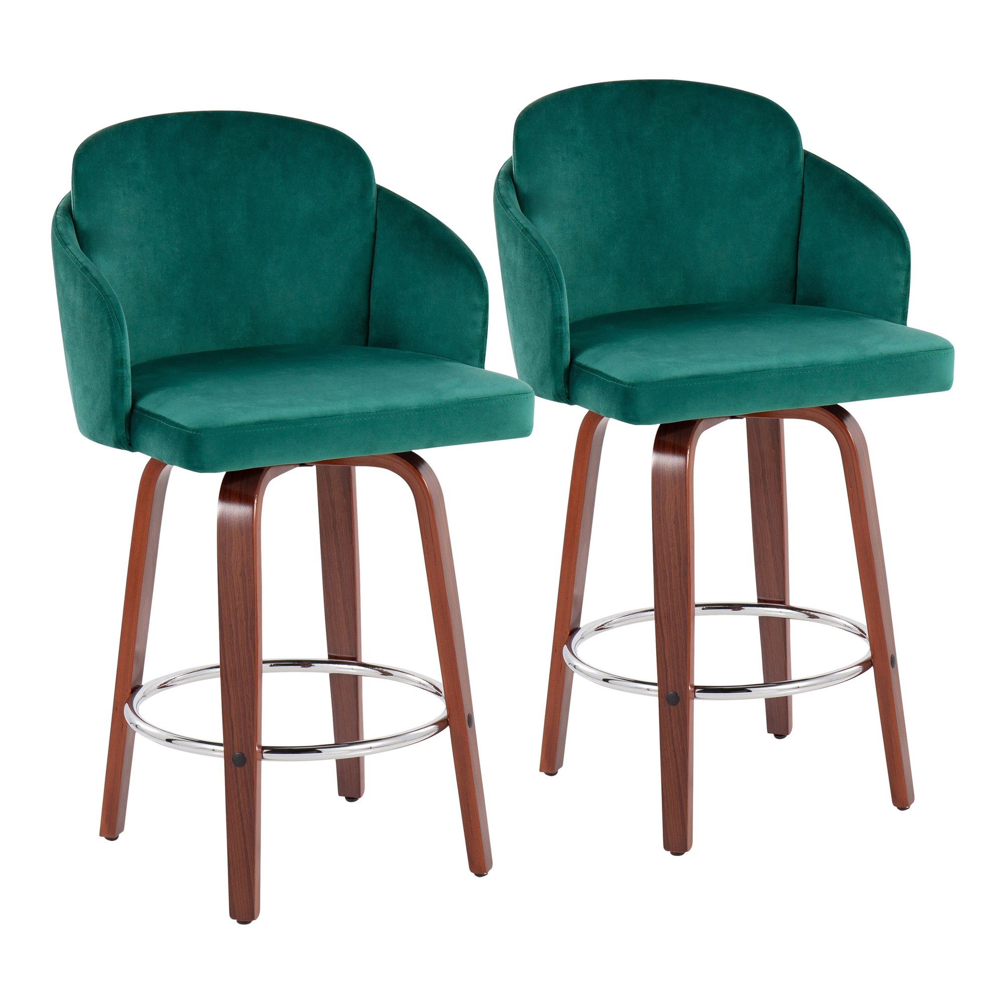 Dahlia Walnut and Green Velvet Contemporary Counter Stools (Set of 2) 3 Dahlia Walnut and Green Velvet Contemporary Counter Stools (Set of 2) - Image 3