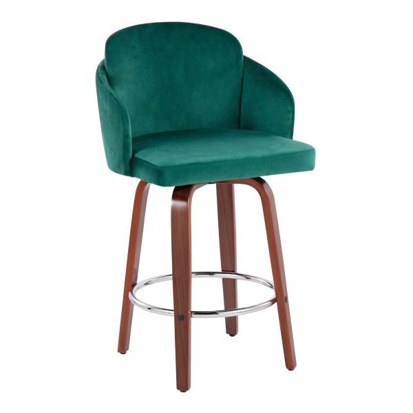 Dahlia Walnut and Green Velvet Contemporary Counter Stools Set of 2 3