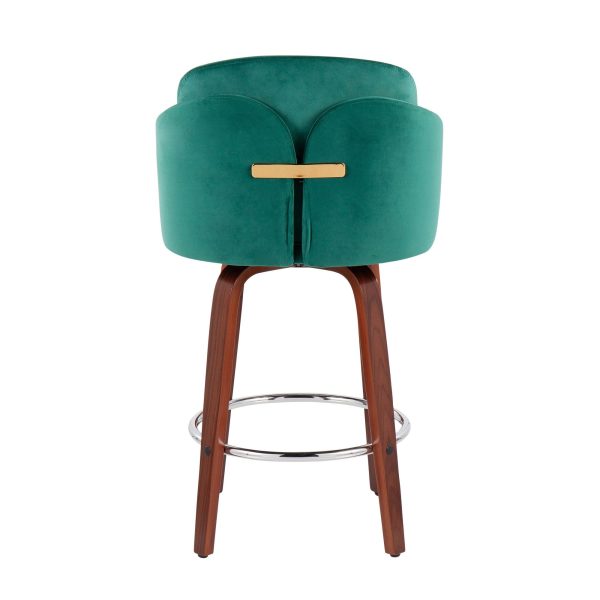 Dahlia Walnut and Green Velvet Contemporary Counter Stools Set of 2 6