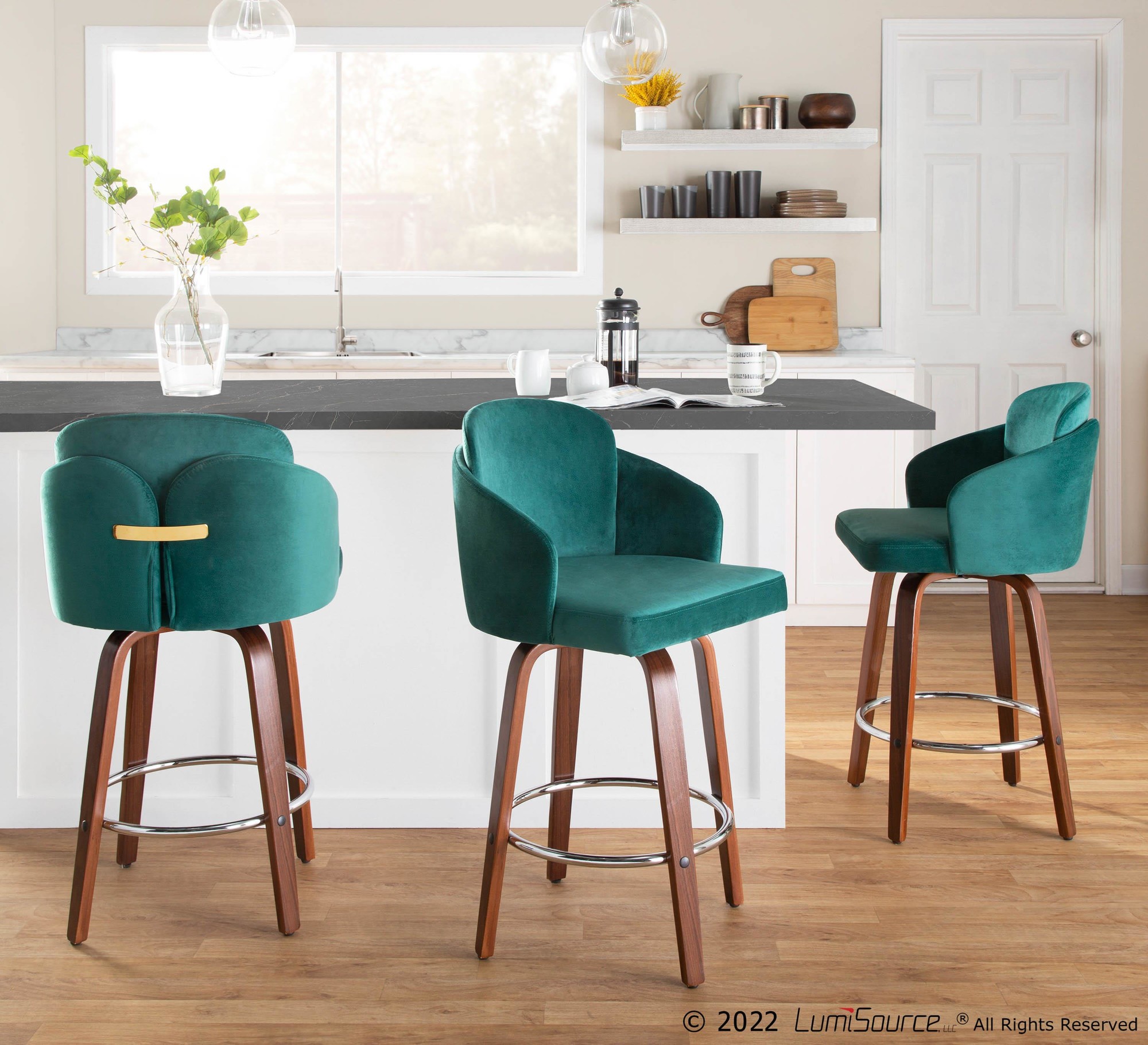Dahlia Walnut and Green Velvet Contemporary Counter Stools (Set of 2) 1 Dahlia Walnut and Green Velvet Contemporary Counter Stools (Set of 2)