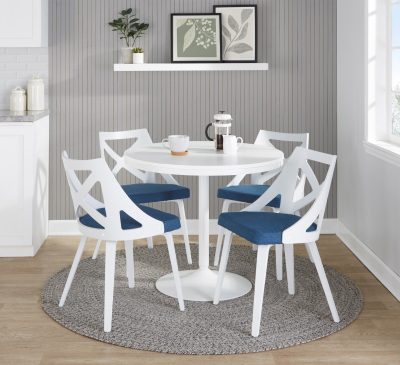 Dakota-Charlotte Contemporary White Steel and Wood Dining Set with Grey Cushions (Set of 5)
