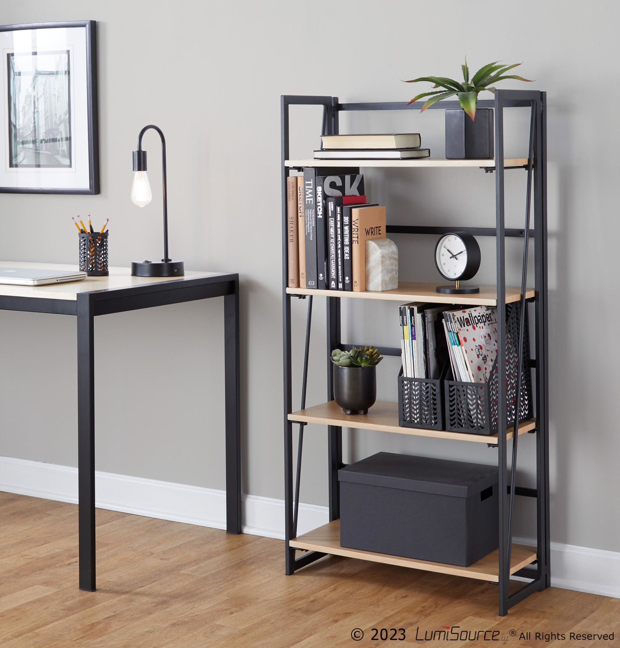 Dakota Contemporary Black Metal and Natural Wood Bookcase 1 Dakota Contemporary Black Metal and Natural Wood Bookcase