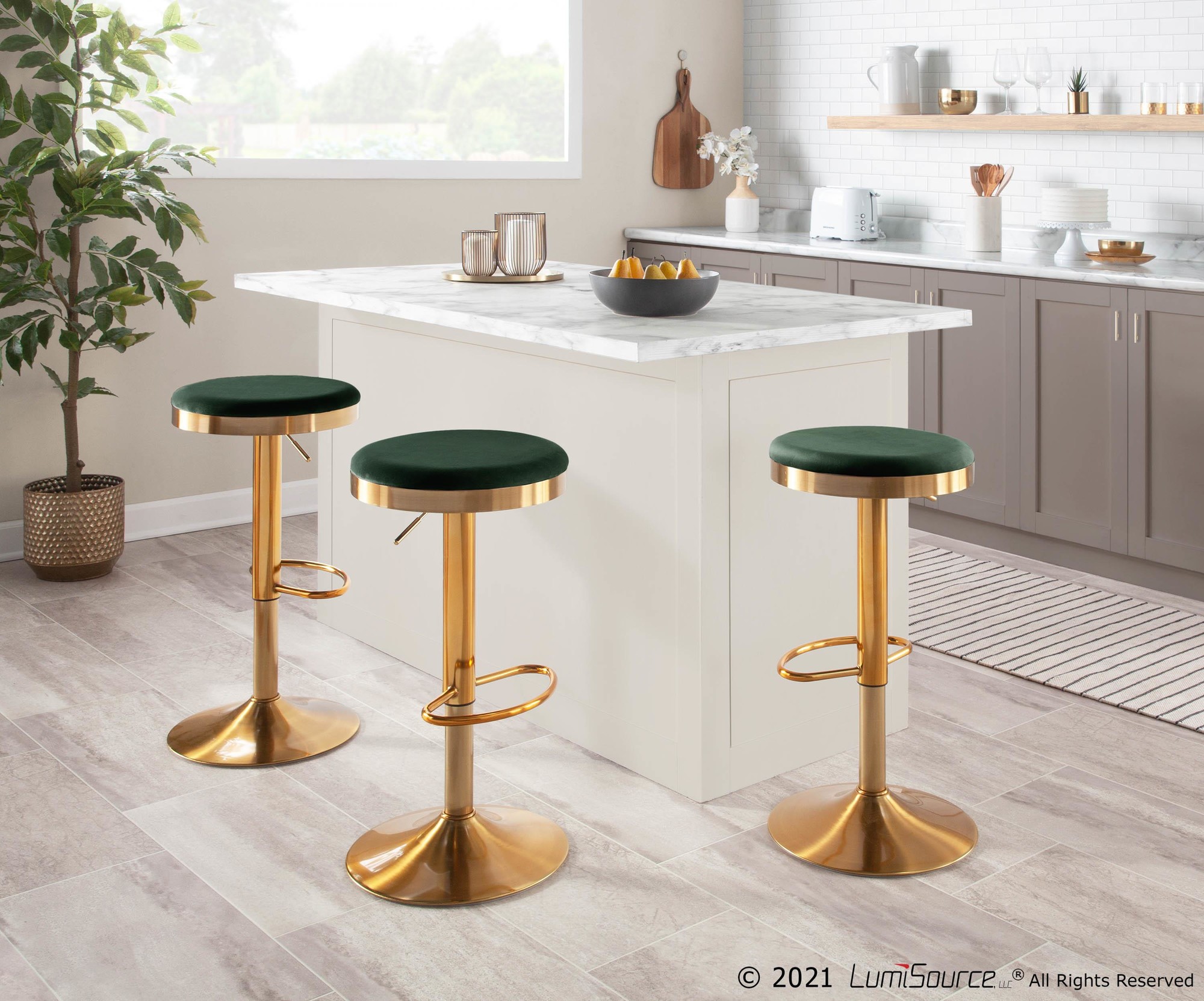 Dakota Gold and Green Velvet Contemporary Adjustable Barstools (Set of 2) 2 Dakota Gold and Green Velvet Contemporary Adjustable Barstools (Set of 2) - Image 2
