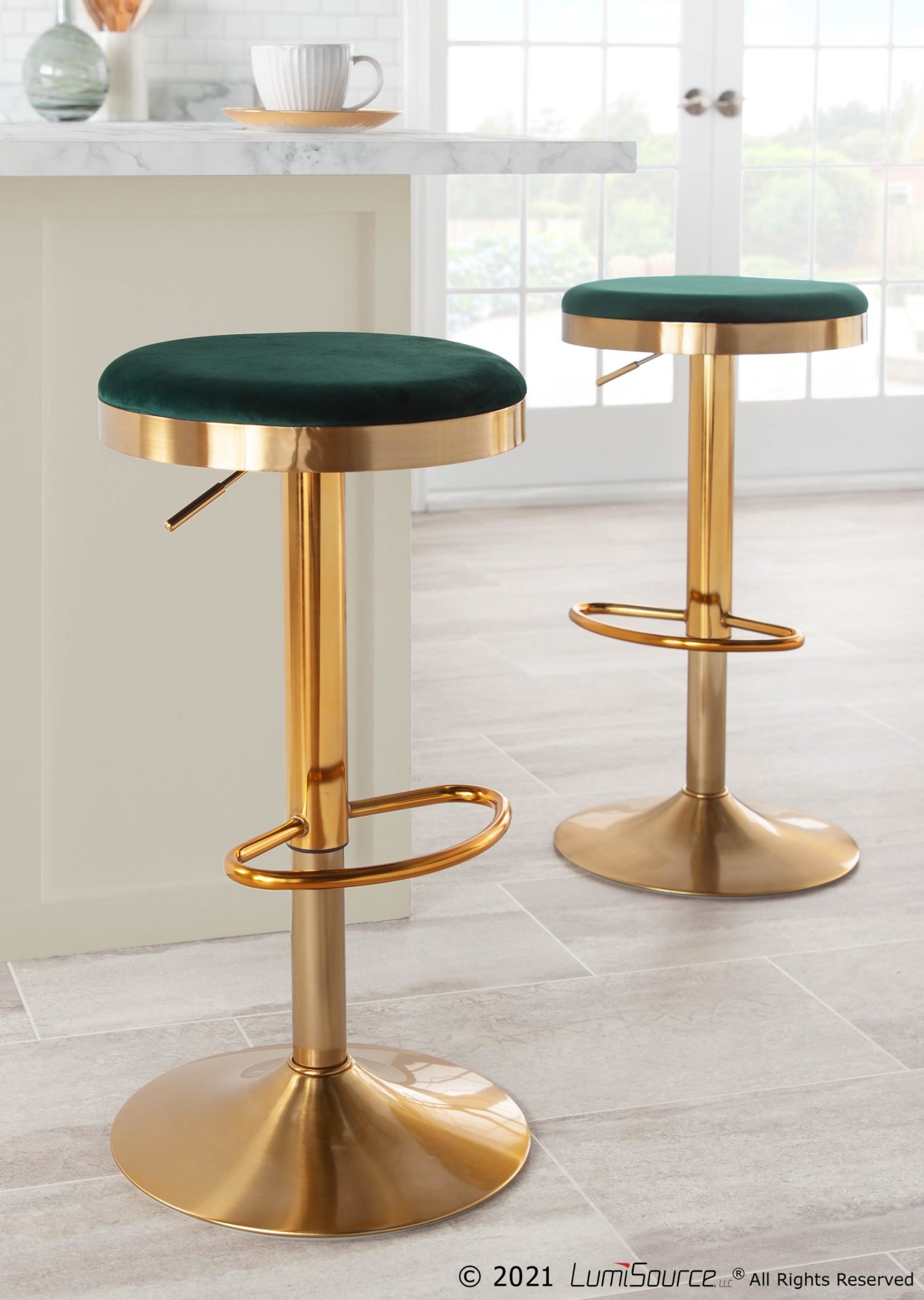 Dakota Gold and Green Velvet Contemporary Adjustable Barstools (Set of 2) 3 Dakota Gold and Green Velvet Contemporary Adjustable Barstools (Set of 2) - Image 3