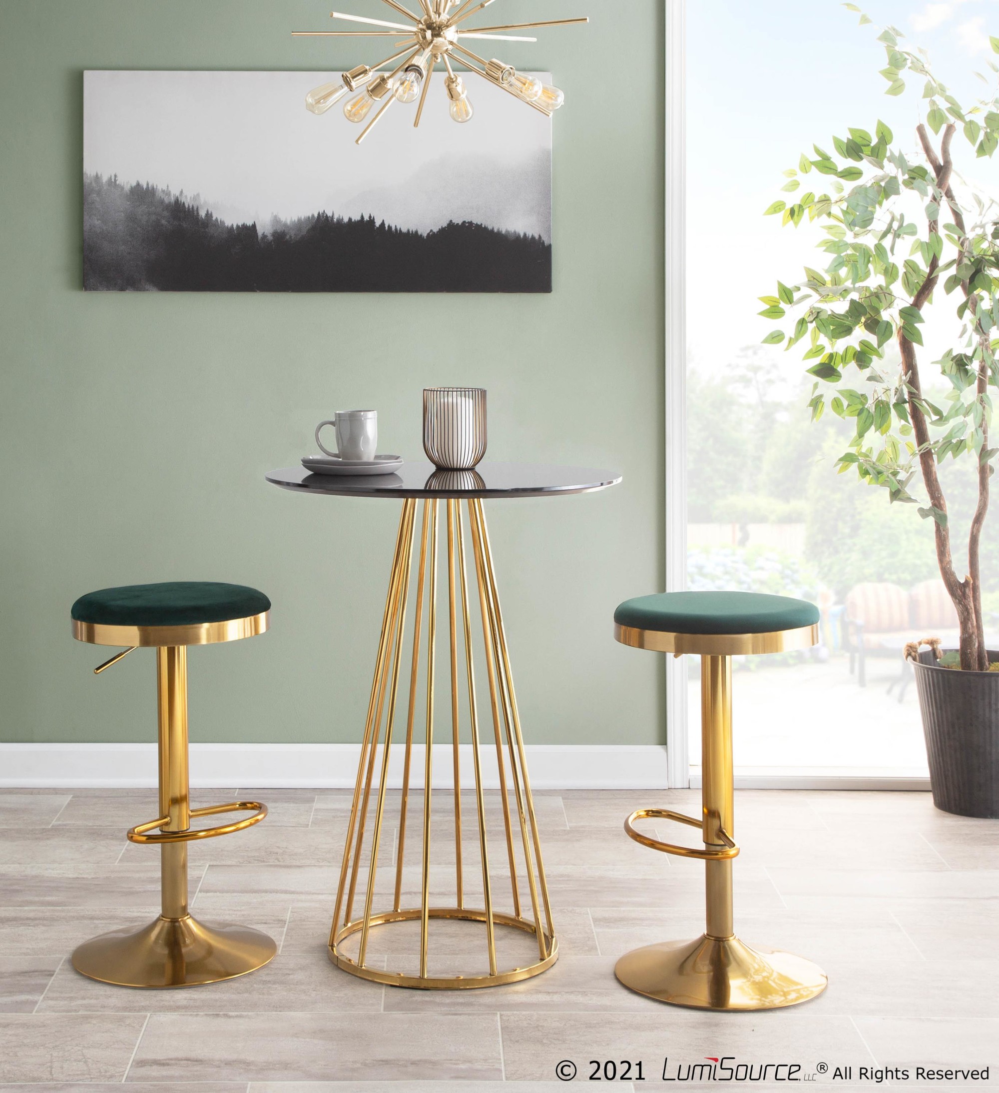 Dakota Gold and Green Velvet Contemporary Adjustable Barstools (Set of 2) 4 Dakota Gold and Green Velvet Contemporary Adjustable Barstools (Set of 2) - Image 4