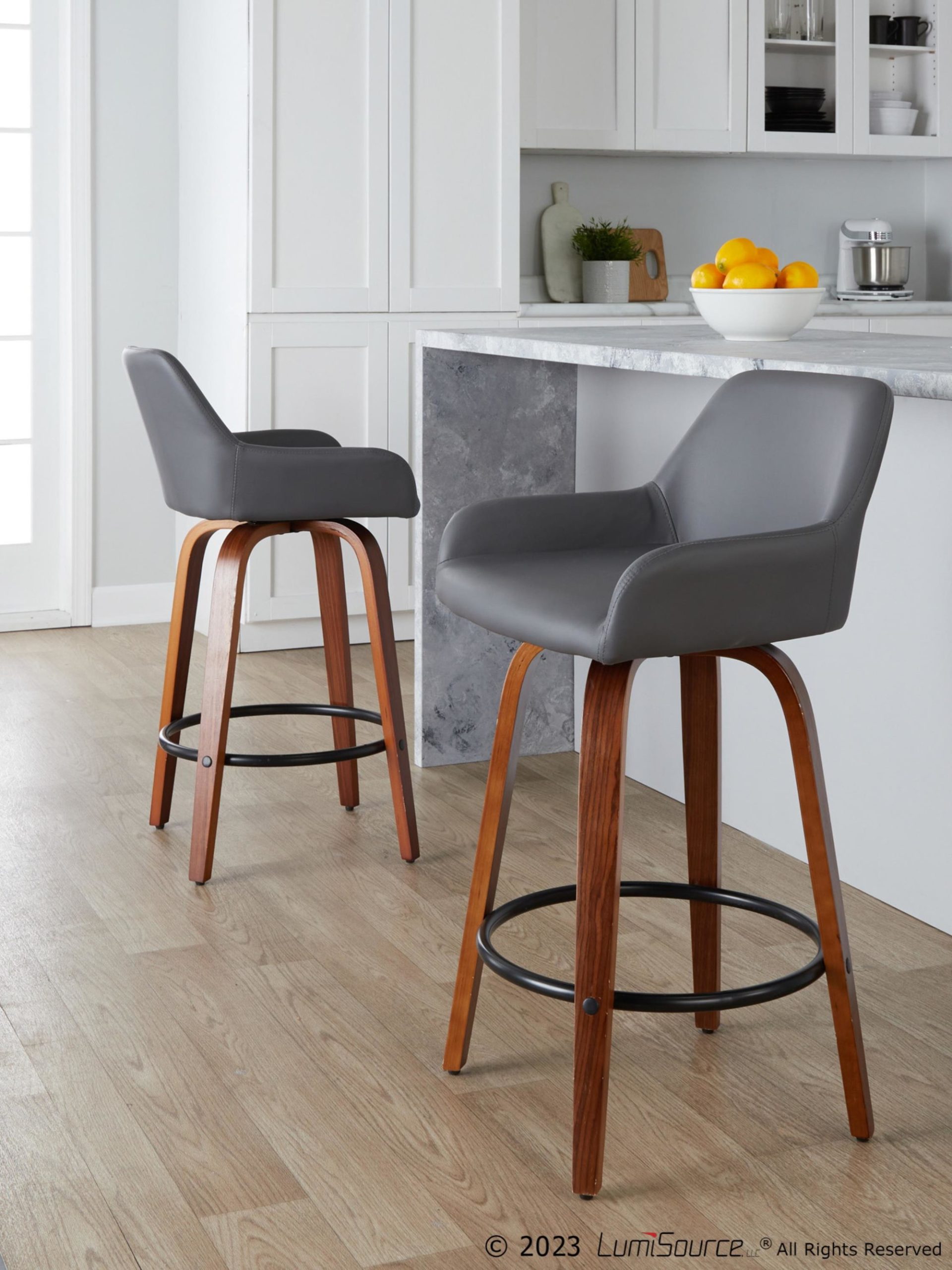 Daniella 26" Contemporary Grey Faux Leather Swivel Stools (Set of 2) 2 Daniella 26" Contemporary Grey Faux Leather Swivel Stools (Set of 2) - Image 2