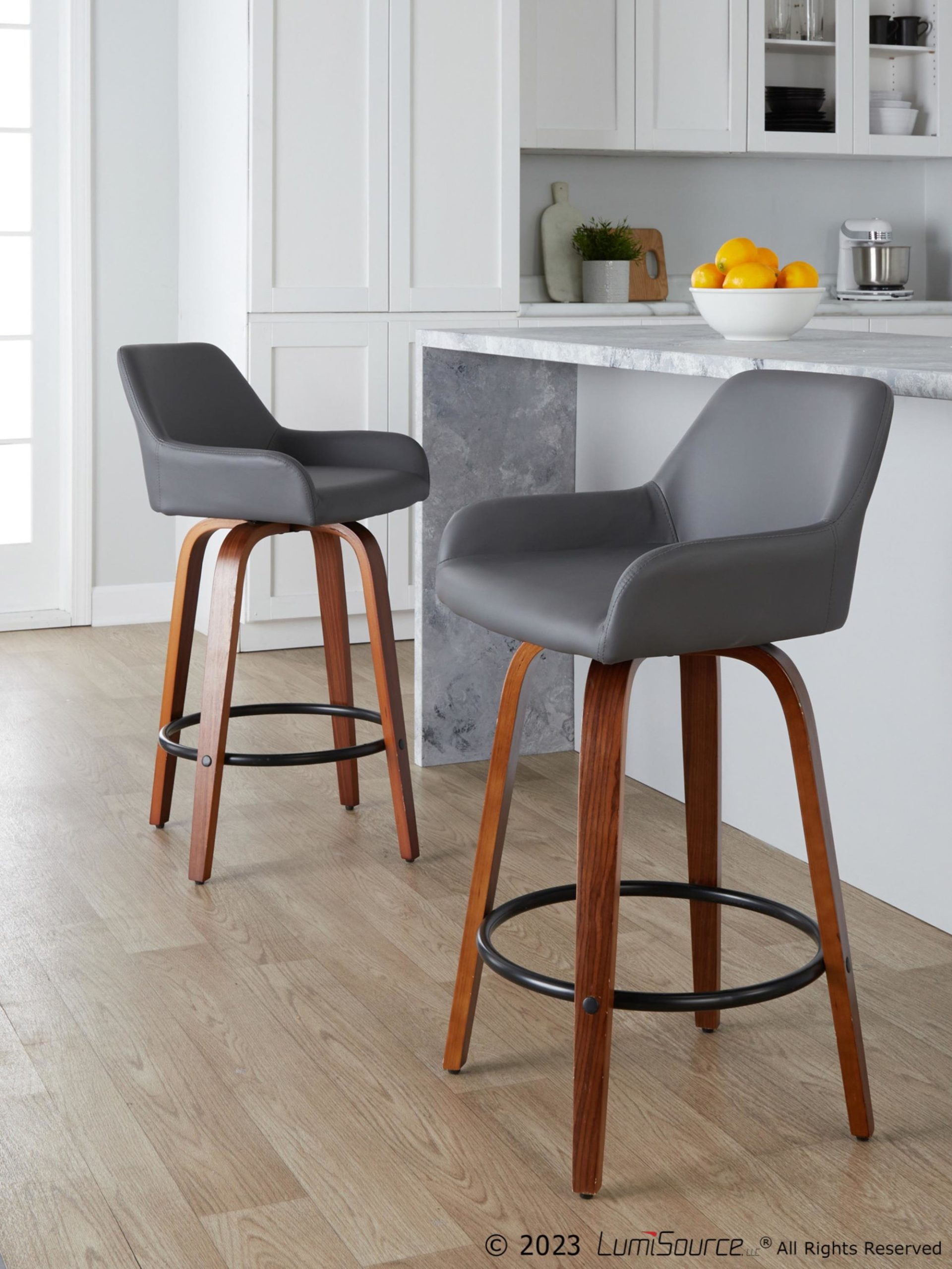 Daniella 26" Contemporary Grey Faux Leather Swivel Stools (Set of 2) 3 Daniella 26" Contemporary Grey Faux Leather Swivel Stools (Set of 2) - Image 3