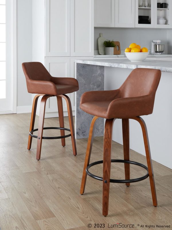 Daniella 26 Contemporary Walnut and Camel Swivel Stools Set of 2 1