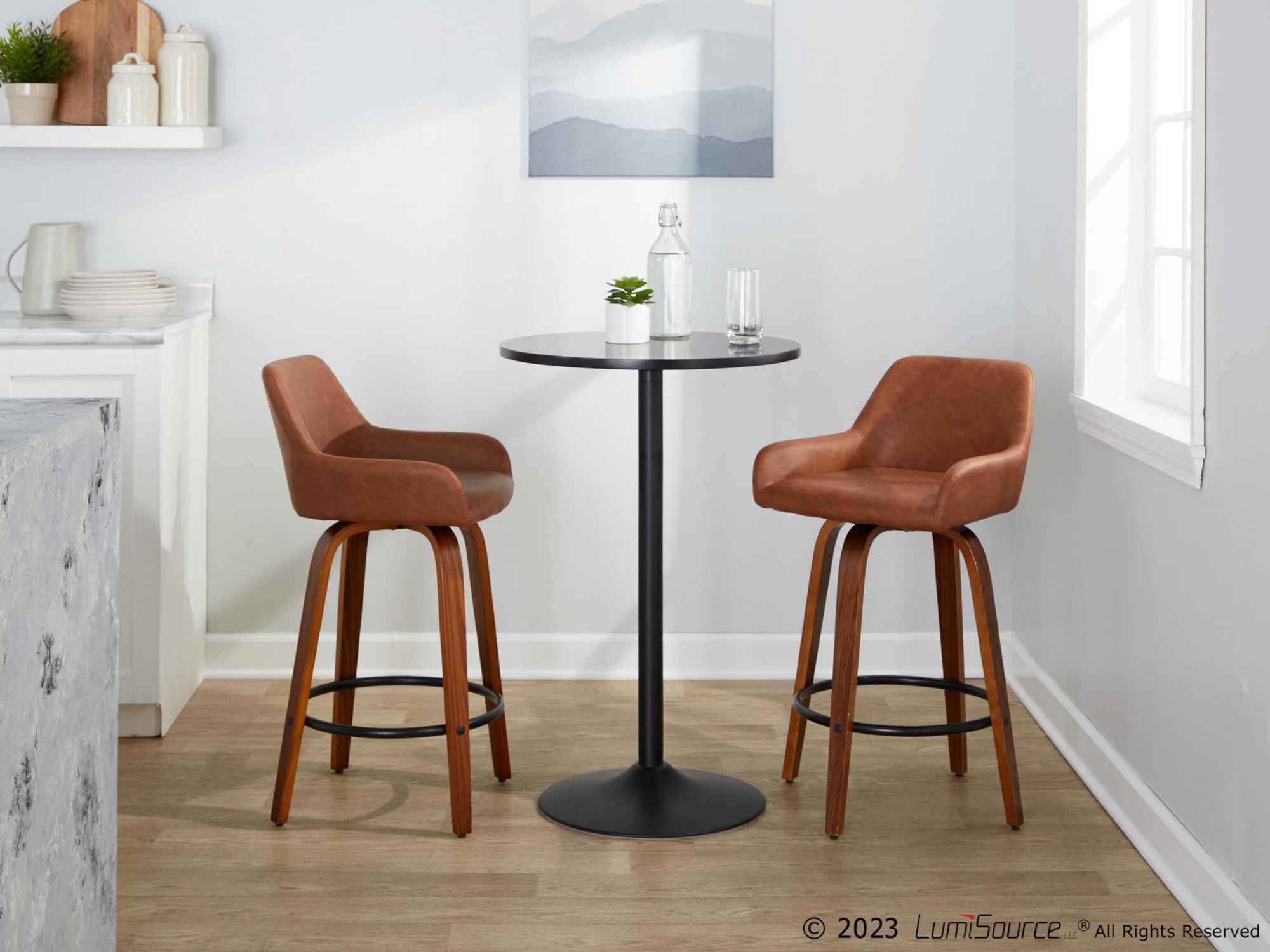 Daniella 26 Contemporary Walnut and Camel Swivel Stools (Set of 2) 4 Daniella 26 Contemporary Walnut and Camel Swivel Stools (Set of 2) - Image 4