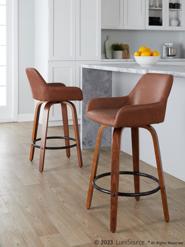 Daniella 26 Contemporary Walnut and Camel Swivel Stools Set of 2