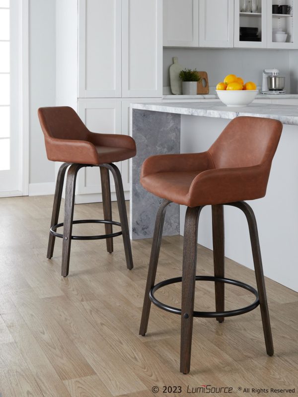 Daniella 26 Contemporary Walnut and Camel Swivel Stools w Black Metal Footrest Set of 2 1