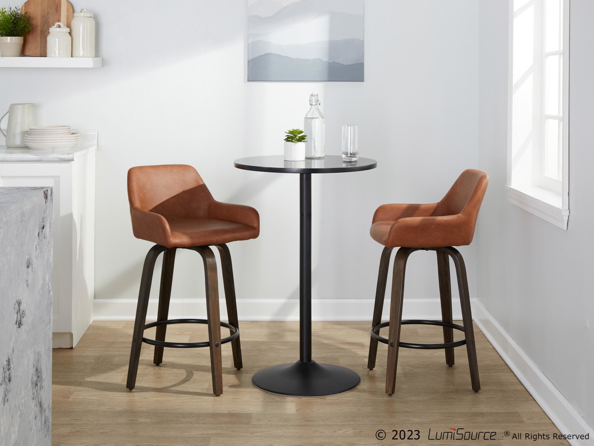 Daniella 26 Contemporary Walnut and Camel Swivel Stools w/ Black Metal Footrest (Set of 2) 3 Daniella 26 Contemporary Walnut and Camel Swivel Stools w/ Black Metal Footrest (Set of 2) - Image 3