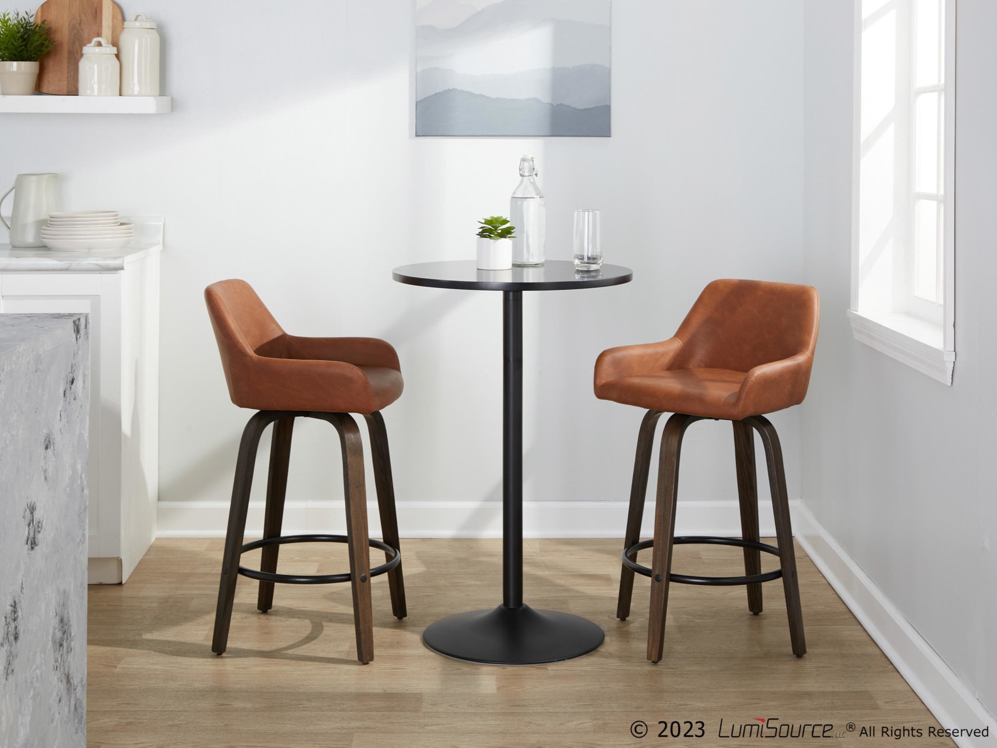 Daniella 26 Contemporary Walnut and Camel Swivel Stools w/ Black Metal Footrest (Set of 2) 4 Daniella 26 Contemporary Walnut and Camel Swivel Stools w/ Black Metal Footrest (Set of 2) - Image 4