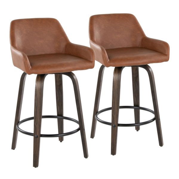 Daniella 26 Contemporary Walnut and Camel Swivel Stools w Black Metal Footrest Set of 2 4