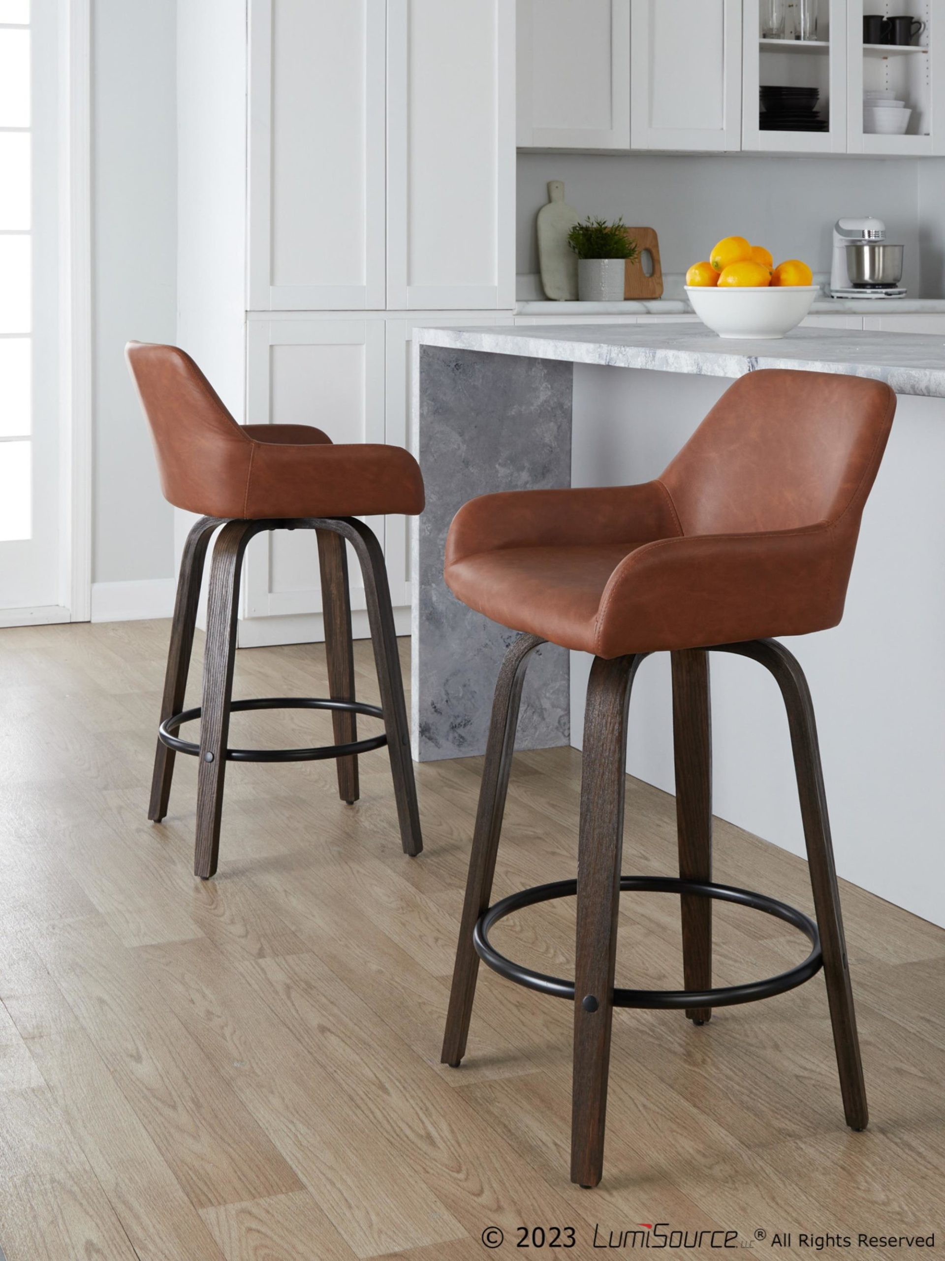 Daniella 26 Contemporary Walnut and Camel Swivel Stools w/ Black Metal Footrest (Set of 2) 1 Daniella 26 Contemporary Walnut and Camel Swivel Stools w/ Black Metal Footrest (Set of 2)