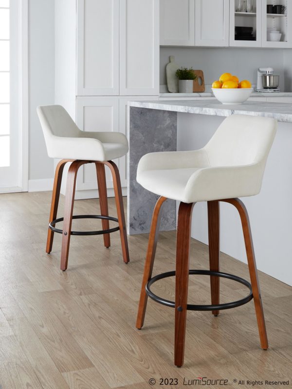Daniella 26 Contemporary Walnut and White Swivel Counter Stools Set of 2 1