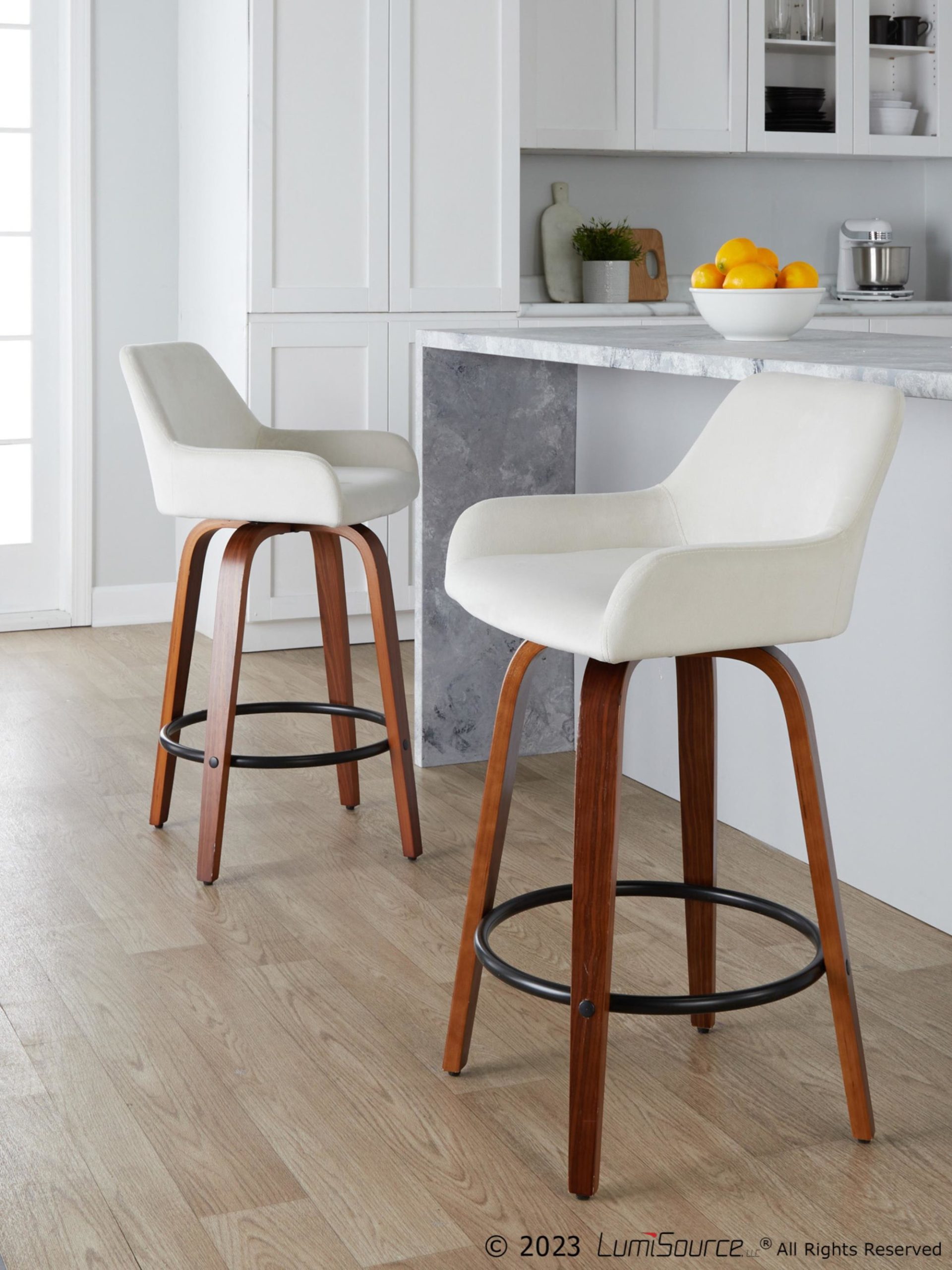 Daniella 26 Contemporary Walnut and White Swivel Counter Stools (Set of 2) 2 Daniella 26 Contemporary Walnut and White Swivel Counter Stools (Set of 2) - Image 2