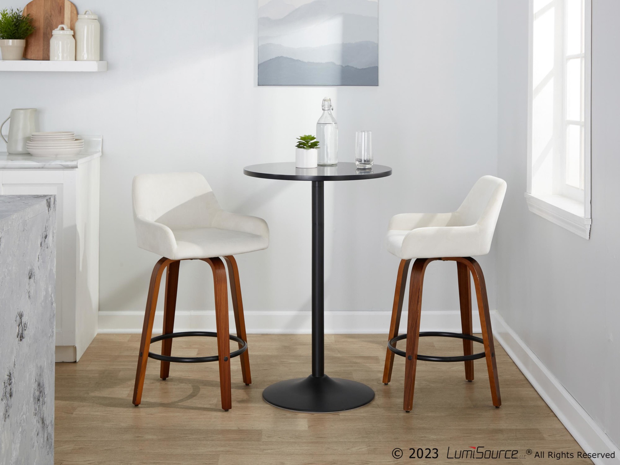 Daniella 26 Contemporary Walnut and White Swivel Counter Stools (Set of 2) 3 Daniella 26 Contemporary Walnut and White Swivel Counter Stools (Set of 2) - Image 3