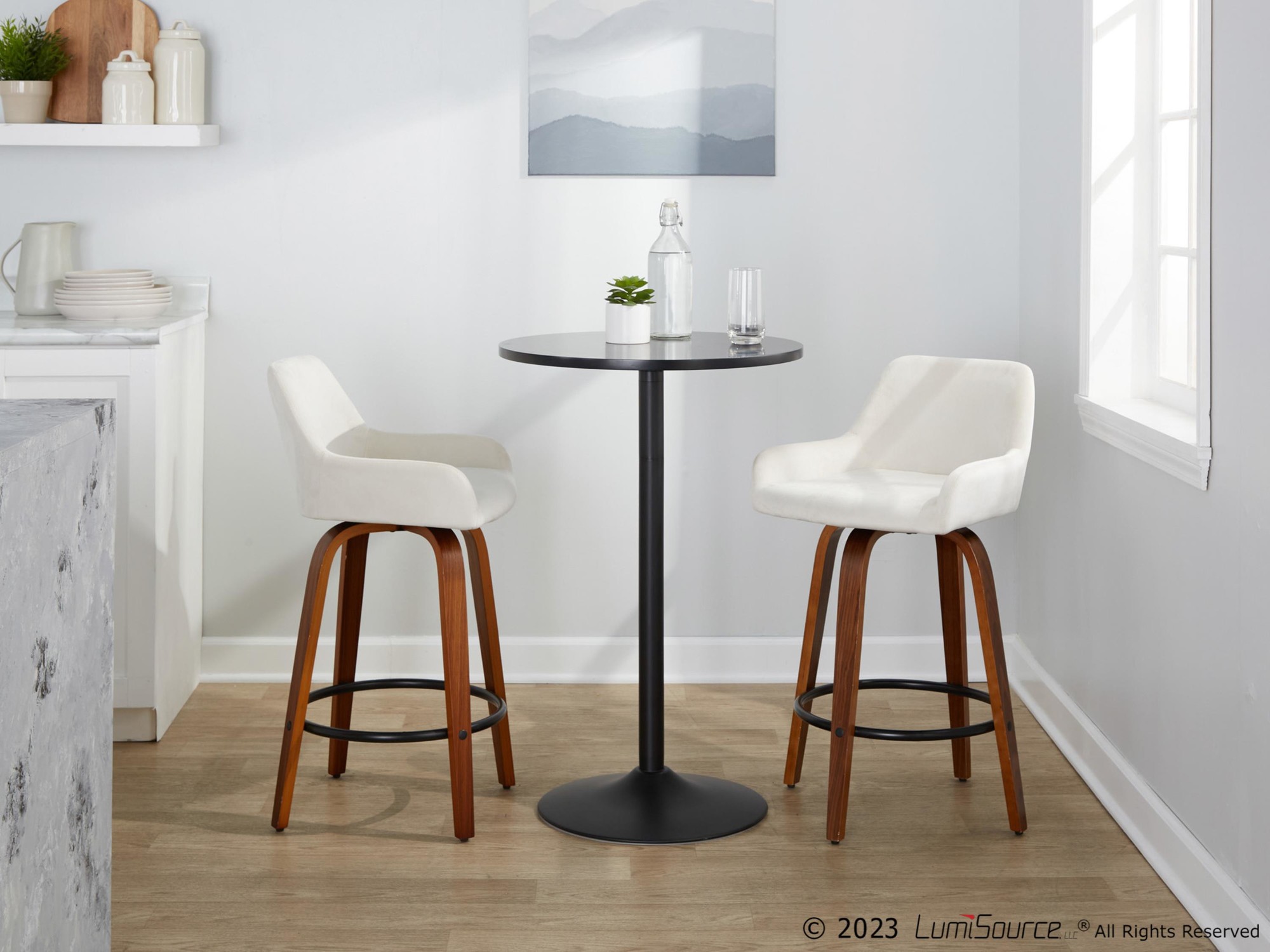 Daniella 26 Contemporary Walnut and White Swivel Counter Stools (Set of 2) 4 Daniella 26 Contemporary Walnut and White Swivel Counter Stools (Set of 2) - Image 4