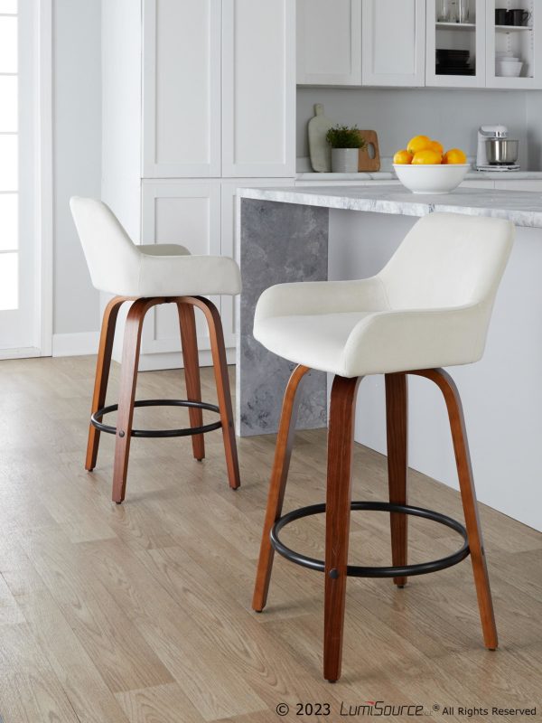 Daniella 26 Contemporary Walnut and White Swivel Counter Stools Set of 2