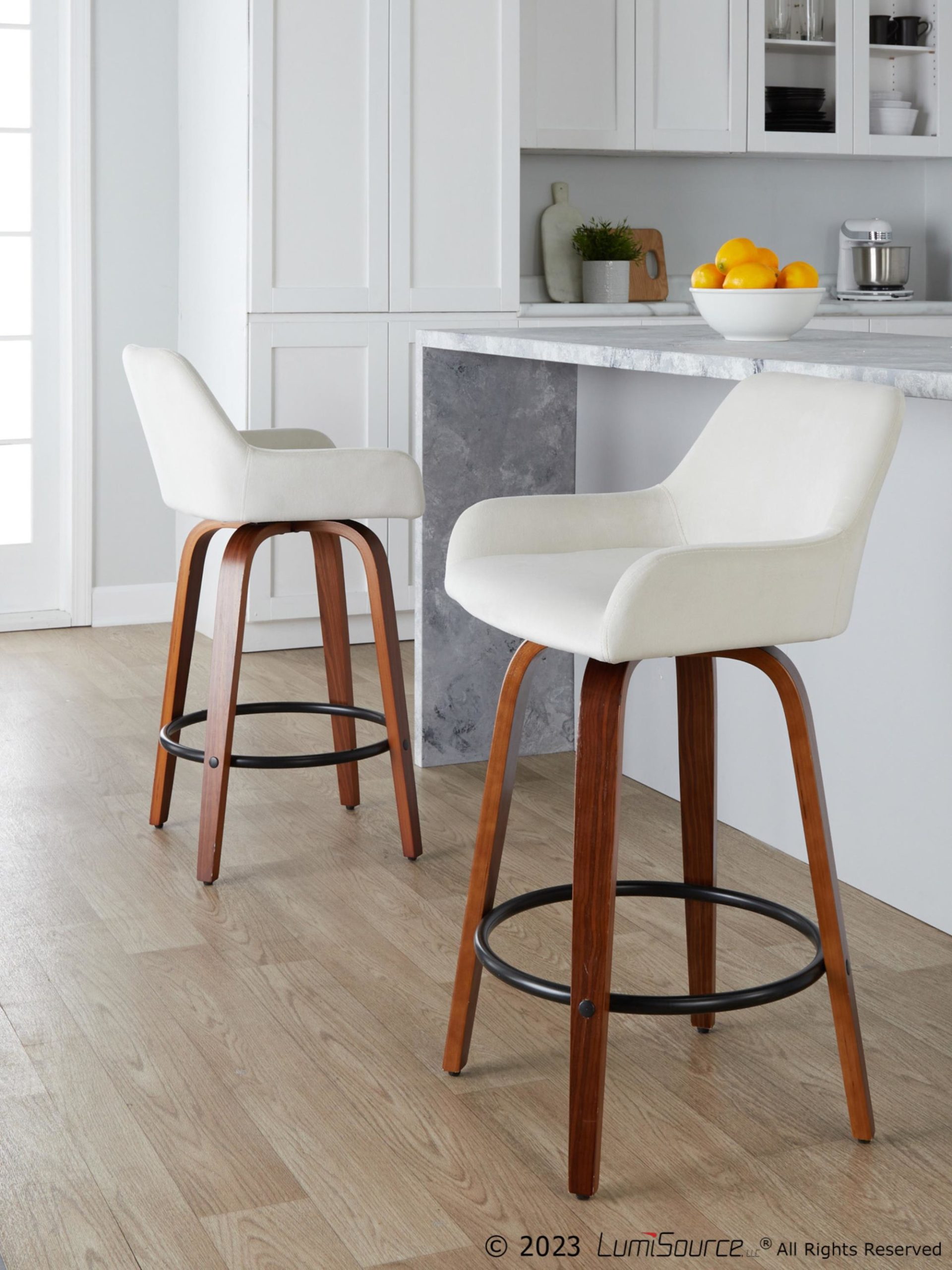 Daniella 26 Contemporary Walnut and White Swivel Counter Stools (Set of 2) 1 Daniella 26 Contemporary Walnut and White Swivel Counter Stools (Set of 2)