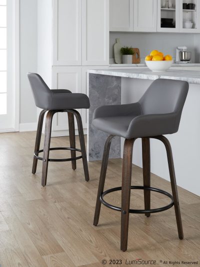 Daniella 26" Walnut Contemporary Grey Swivel Counter Stools (Set of 2)