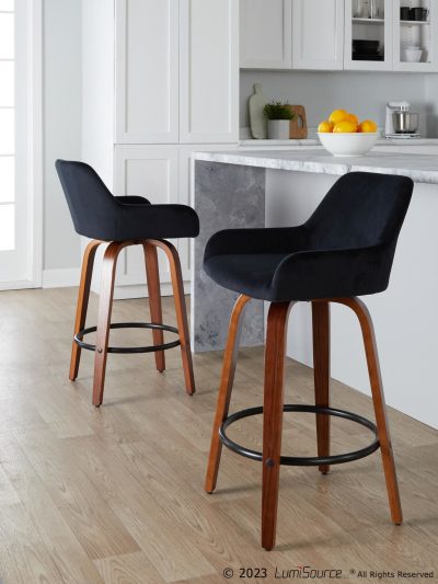 Daniella 26" Walnut and Black Velvet Contemporary Stools (Set of 2)