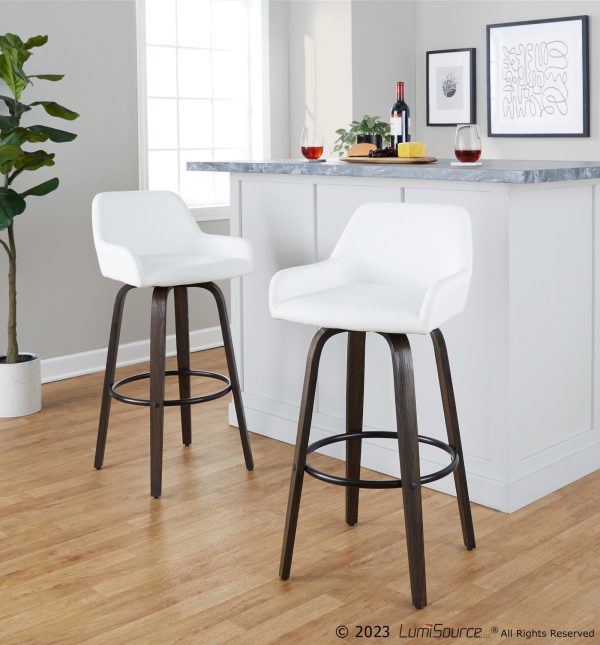 Daniella 30 Contemporary Swivel Barstools Walnut White Set of 2 1