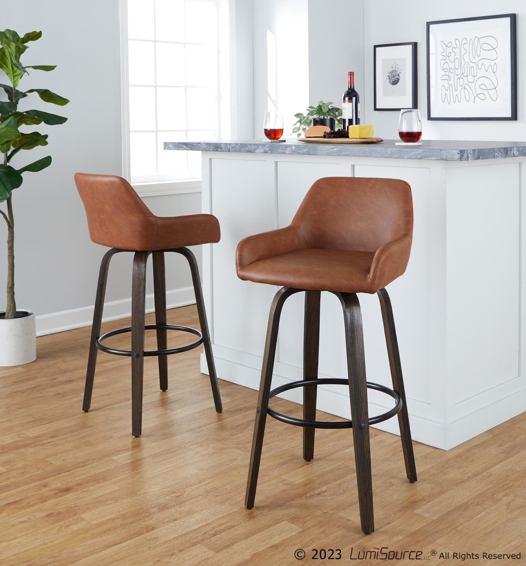 Daniella 30 Contemporary Walnut and Camel Swivel Barstool (Set of 2) 2 Daniella 30 Contemporary Walnut and Camel Swivel Barstool (Set of 2) - Image 2