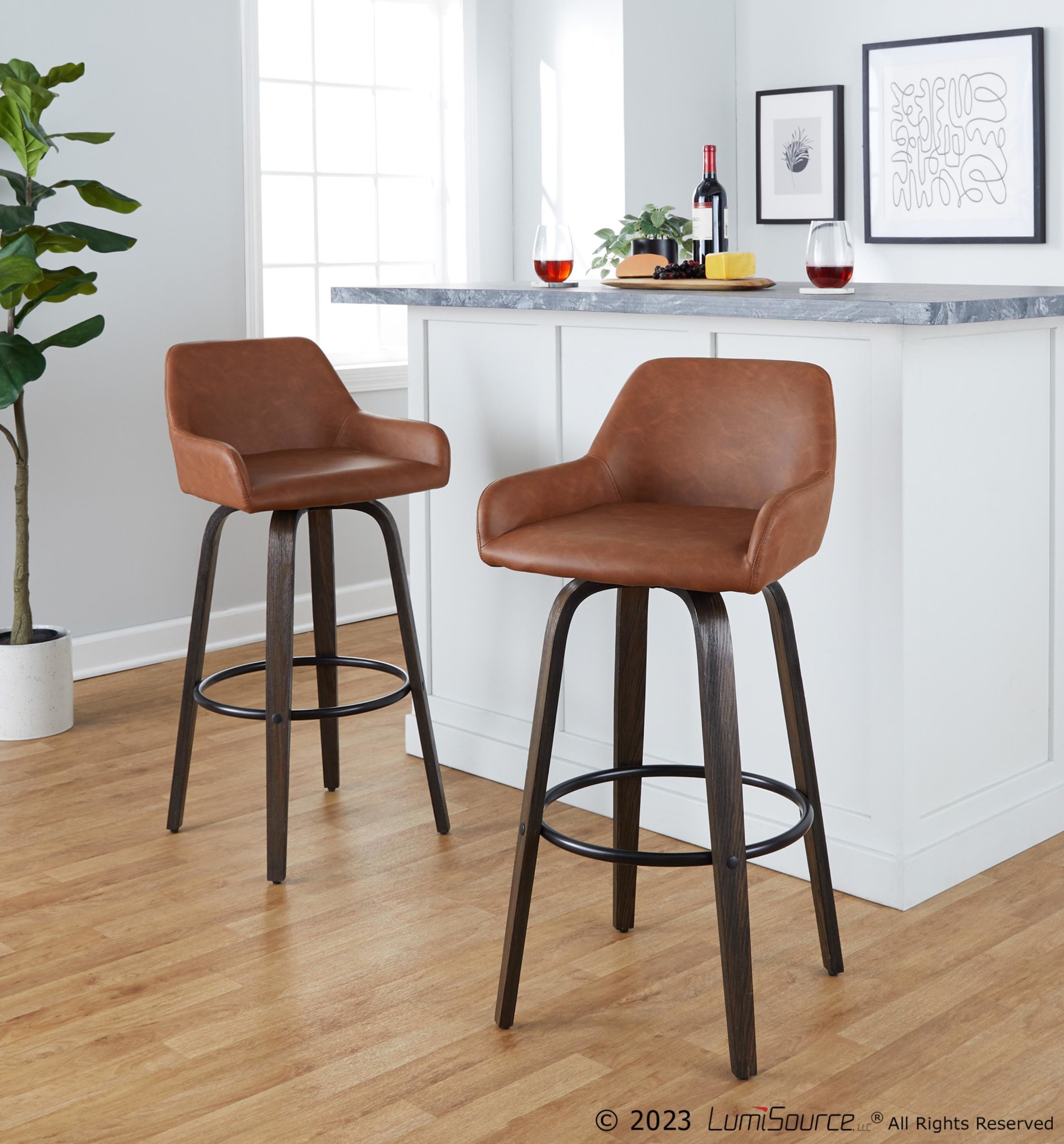 Daniella 30 Contemporary Walnut and Camel Swivel Barstool (Set of 2) 3 Daniella 30 Contemporary Walnut and Camel Swivel Barstool (Set of 2) - Image 3