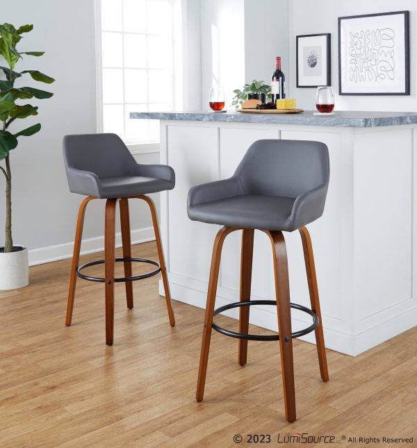 Daniella 30 Contemporary Walnut and Grey Swivel Barstool Set of 2 1