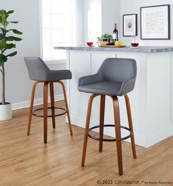 Daniella 30 Contemporary Walnut and Grey Swivel Barstool Set of 2
