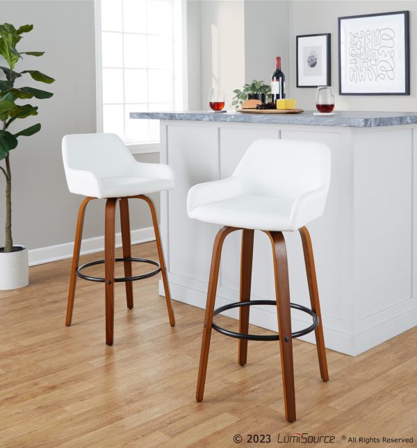 Daniella 30 Walnut Contemporary Swivel Barstool White Faux Leather Set of 2 1