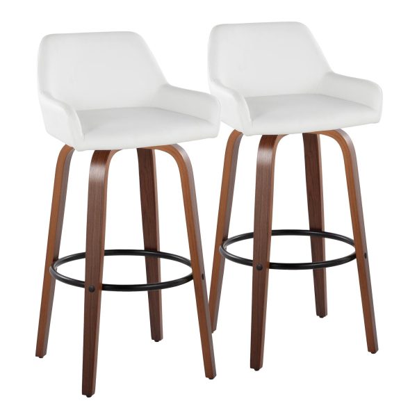 Daniella 30 Walnut Contemporary Swivel Barstool White Faux Leather Set of 2 4