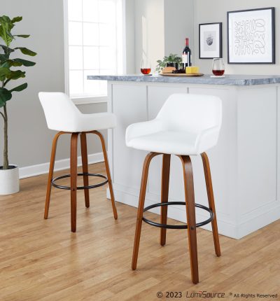 Daniella 30 Walnut Contemporary Swivel Barstool, White Faux Leather (Set of 2)