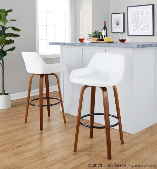 Daniella 30 Walnut Contemporary Swivel Barstool White Faux Leather Set of 2
