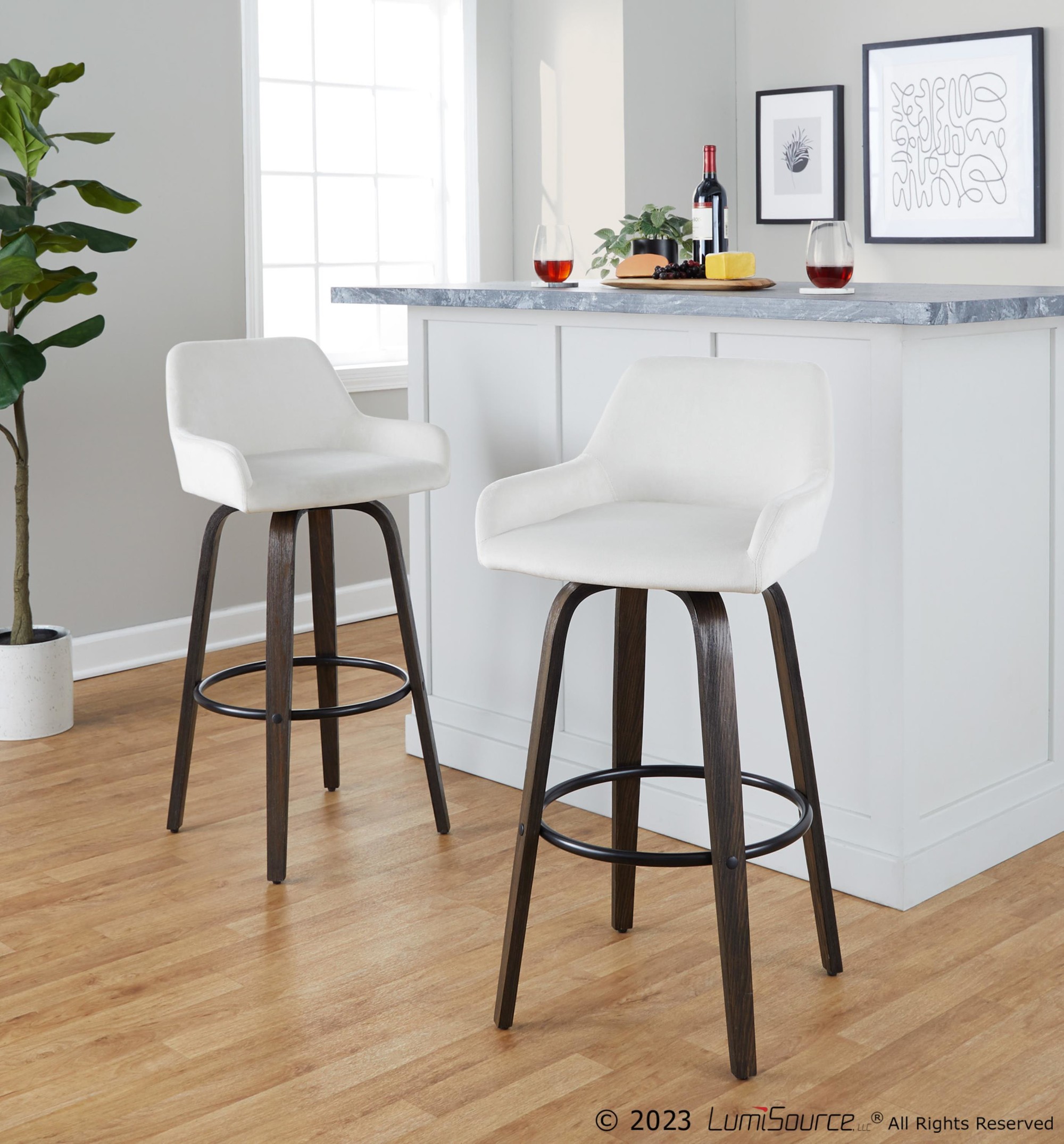 Daniella 30 Walnut White Velvet Contemporary Swivel Barstool (Set of 2) 2 Daniella 30 Walnut White Velvet Contemporary Swivel Barstool (Set of 2) - Image 2