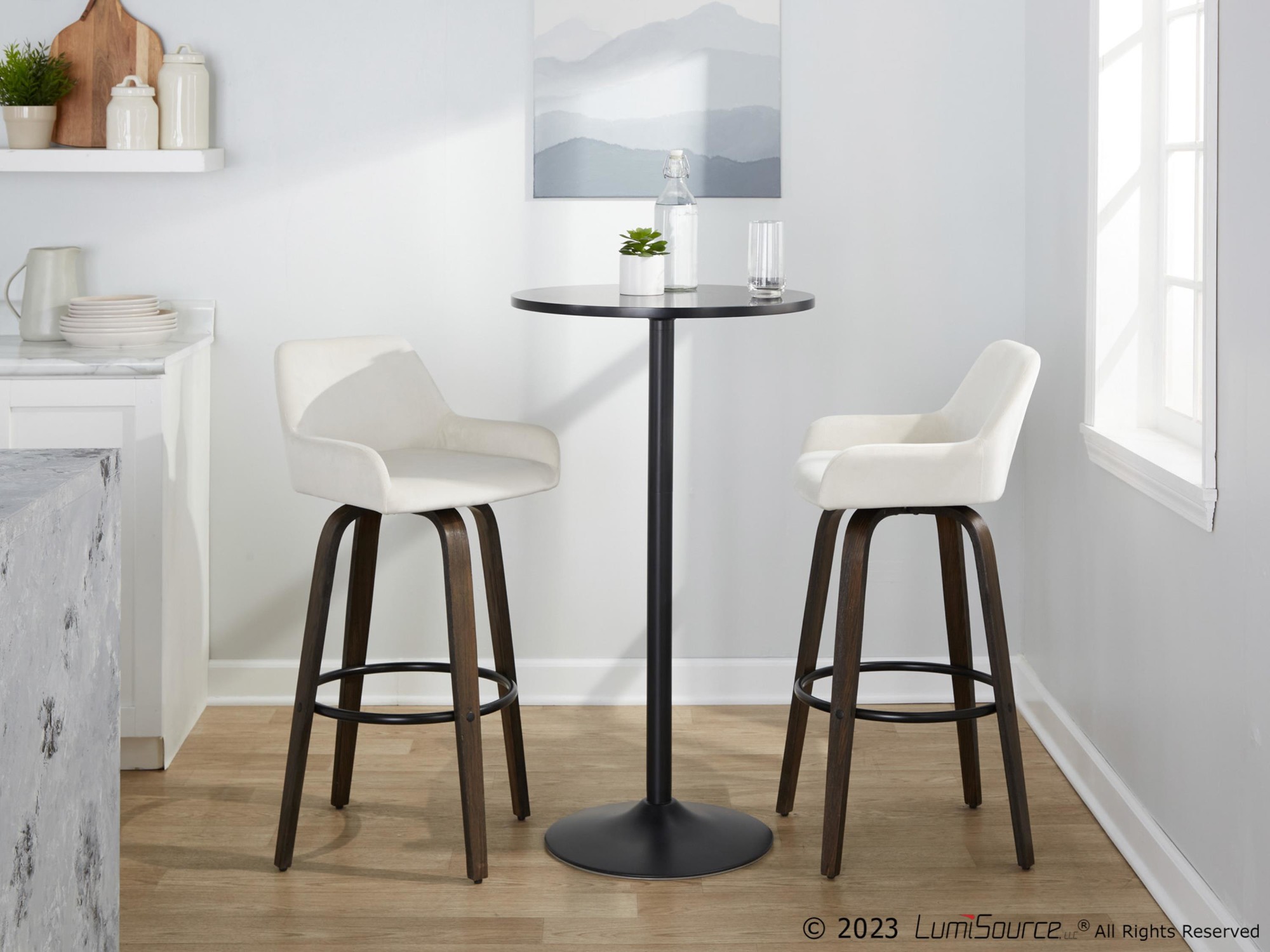 Daniella 30 Walnut White Velvet Contemporary Swivel Barstool (Set of 2) 3 Daniella 30 Walnut White Velvet Contemporary Swivel Barstool (Set of 2) - Image 3