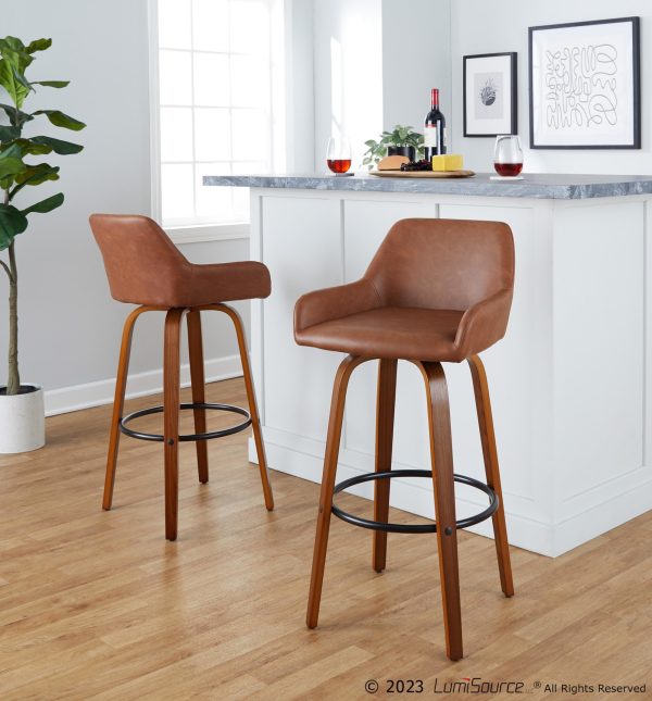 Daniella 30 Walnut and Camel Contemporary Swivel Barstool Set of 2 2