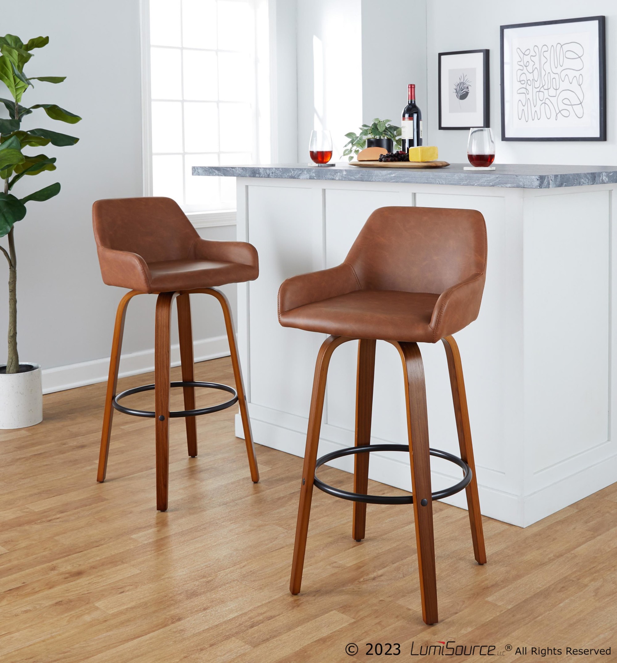 Daniella 30 Walnut and Camel Contemporary Swivel Barstool (Set of 2) 4 Daniella 30 Walnut and Camel Contemporary Swivel Barstool (Set of 2) - Image 4
