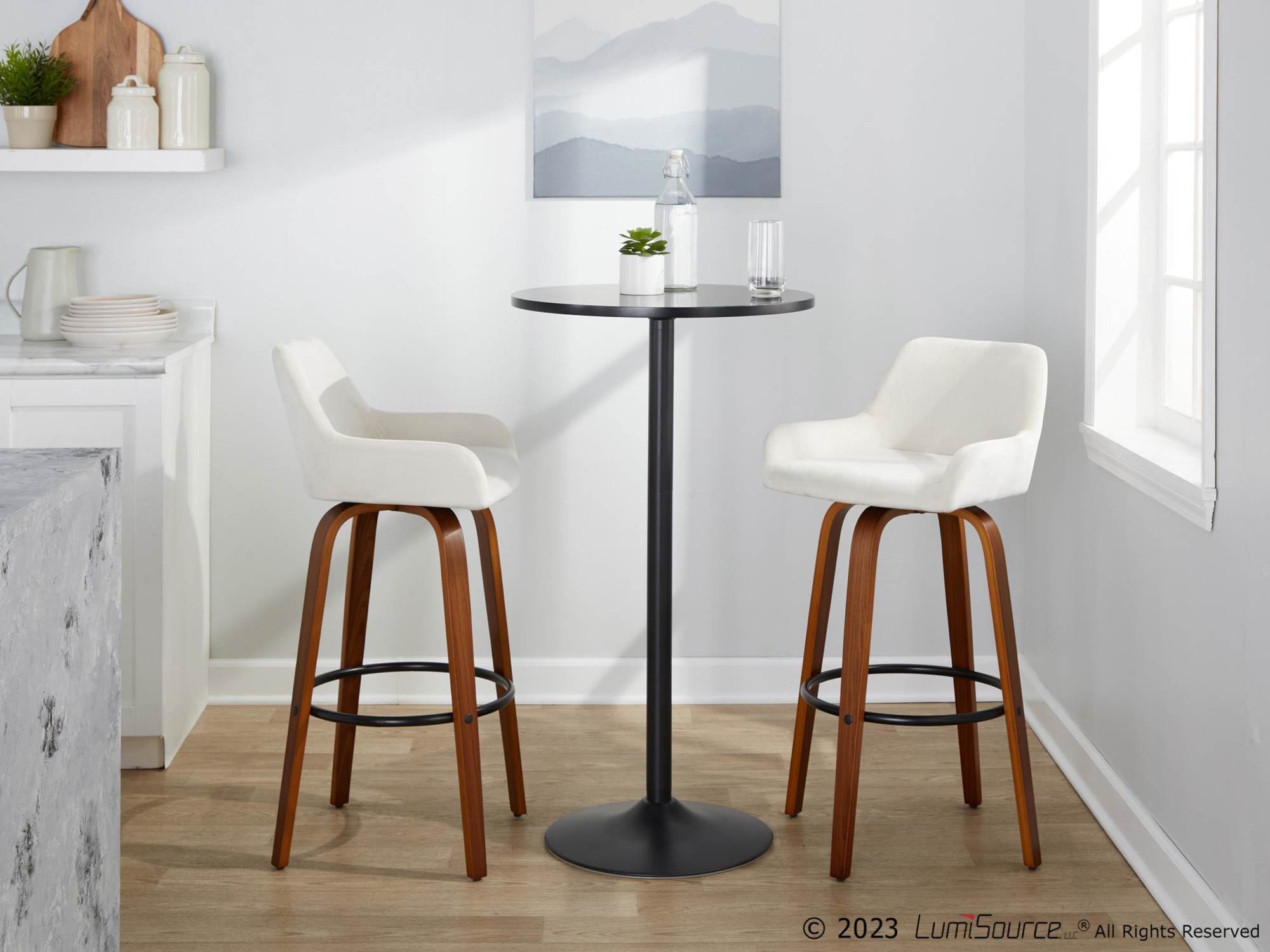 Daniella 30 Walnut and White Velvet Swivel Barstool (Set of 2) 4 Daniella 30 Walnut and White Velvet Swivel Barstool (Set of 2) - Image 4